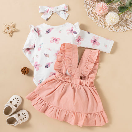Baby Girl 3-Piece Outfit Set (Hairband + Jumpsuit + Strap Skirt)