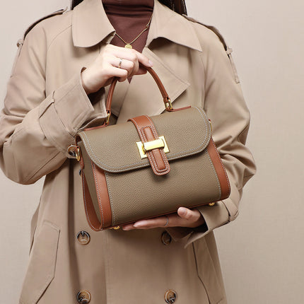Street Trend Genuine Leather Horizontal Square Handbag with Contrast Color