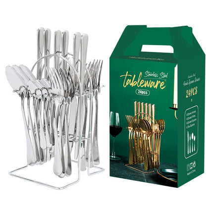 Luxury Stainless Steel Dinnerware Set – 24-Piece Cutlery with Storage Rack
