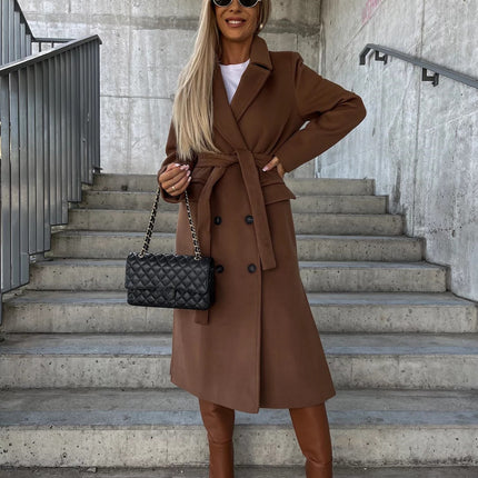 Women’s Long Solid Color Commuter Coat – Elegant Temperament Polyester Overcoat