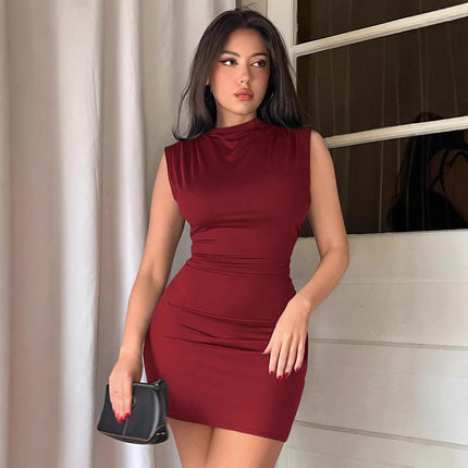Women’s Solid Color Sleeveless Bodycon Hip Skirt Dress – Polyester