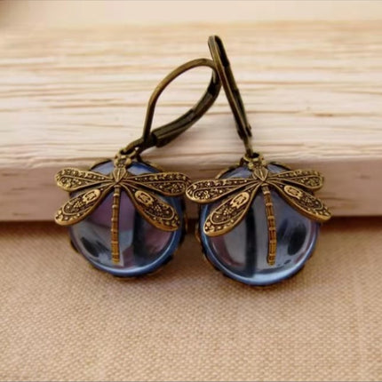 Vintage Dragonfly Alloy Earrings – Electroplated Stone-Inlaid Fashion Jewelry