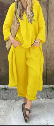 2pcs Women’s Long-Sleeved Suit Set – Loose V-Neck Long Top & High Waist Wide-Leg Pants with Pockets