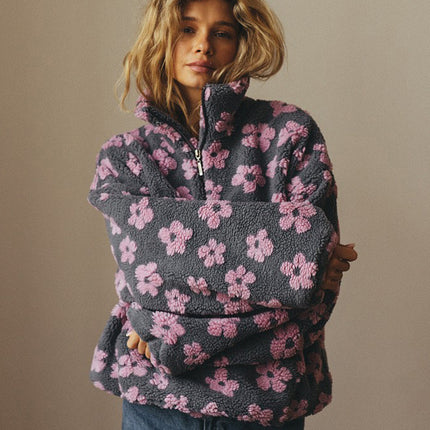 Women’s Floral Street Fashion Pullover Coat – Trendy Long-Sleeve Polyester Jacket