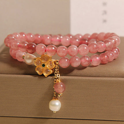 Women’s Double Circle Strawberry Quartz Clover Bracelet