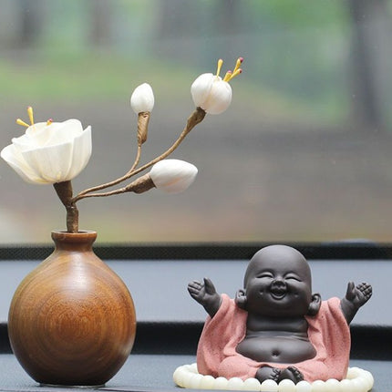 Black Walnut Monk Figurine Car Decoration Set – High-End Interior Blessing Ornament