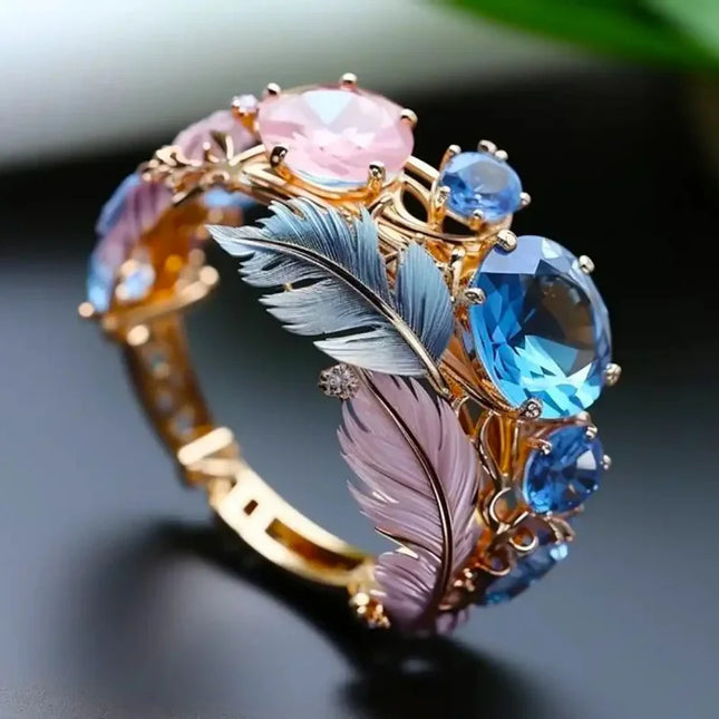 Gold Feather Zircon Ring – Unisex Net Red Style