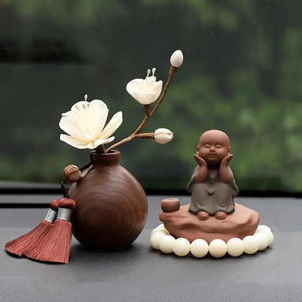 Black Walnut Monk Figurine Car Decoration Set – High-End Interior Blessing Ornament