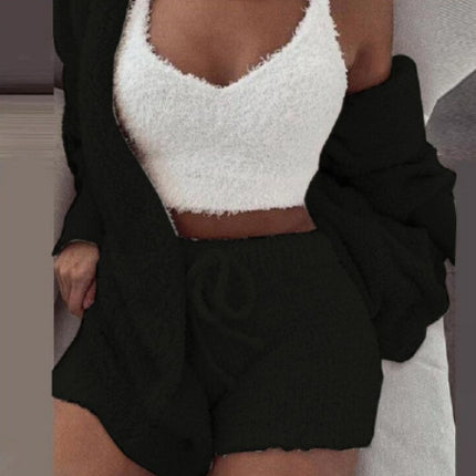 3-Piece Women’s Pajama Set – Long Sleeve Crop Top & Drawstring Shorts