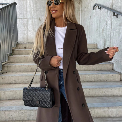Women’s Long Solid Color Commuter Coat – Elegant Temperament Polyester Overcoat