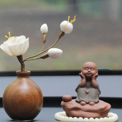 Black Walnut Monk Figurine Car Decoration Set – High-End Interior Blessing Ornament