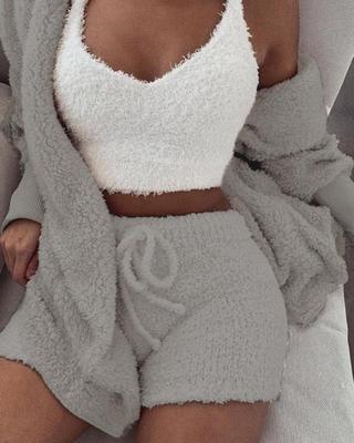 3-Piece Women’s Pajama Set – Long Sleeve Crop Top & Drawstring Shorts