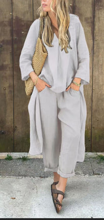 2pcs Women’s Long-Sleeved Suit Set – Loose V-Neck Long Top & High Waist Wide-Leg Pants with Pockets