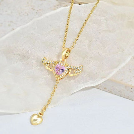 Moving Cupid Heart Angel Wings Tassel Necklace with Crystal Clavicle Chain