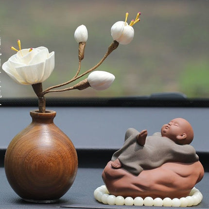 Black Walnut Monk Figurine Car Decoration Set – High-End Interior Blessing Ornament