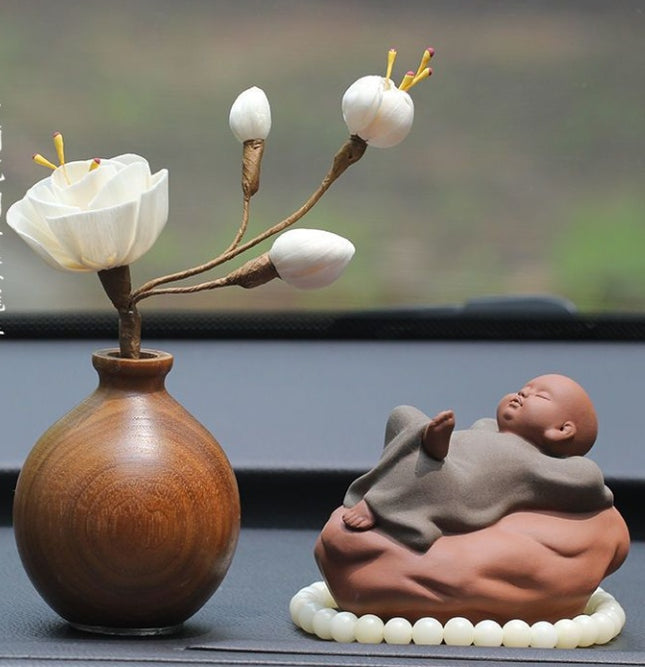 Black Walnut Monk Figurine Car Decoration Set – High-End Interior Blessing Ornament