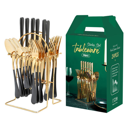 Luxury Stainless Steel Dinnerware Set – 24-Piece Cutlery with Storage Rack