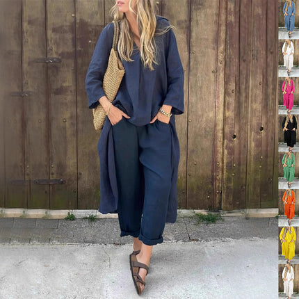 2pcs Women’s Long-Sleeved Suit Set – Loose V-Neck Long Top & High Waist Wide-Leg Pants with Pockets