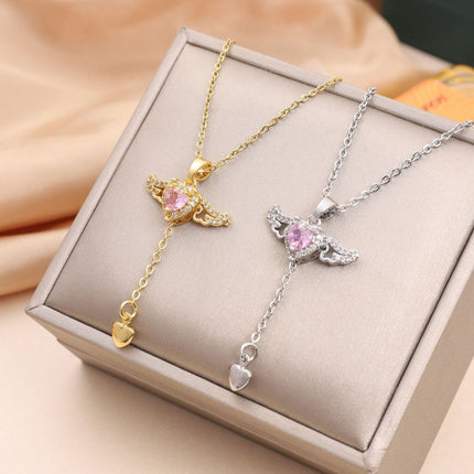 Moving Cupid Heart Angel Wings Tassel Necklace with Crystal Clavicle Chain