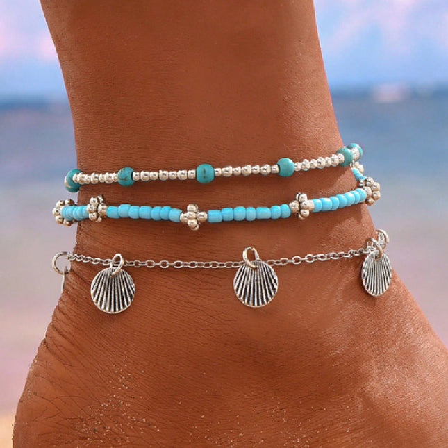 Shell Bead Three-Piece Geometric Anklet Set – Fashion OL Style
