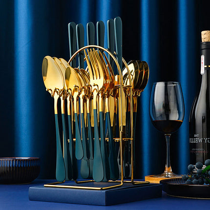 Luxury Stainless Steel Dinnerware Set – 24-Piece Cutlery with Storage Rack