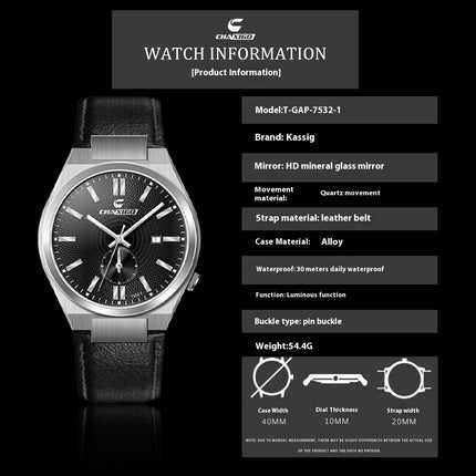 Men’s Stainless Steel Quartz Watch – Waterproof & Luminous with Calendar