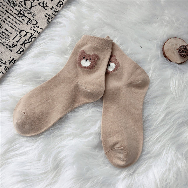 Japanese Style Bear Embroidery Cotton Socks