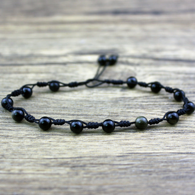 Hand-Woven Natural Obsidian Anklet – Simple Protective Hope Jewelry