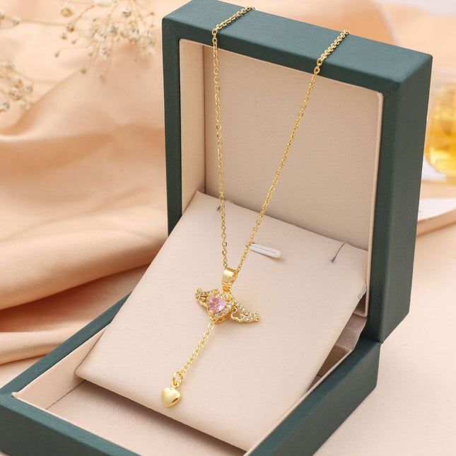 Moving Cupid Heart Angel Wings Tassel Necklace with Crystal Clavicle Chain