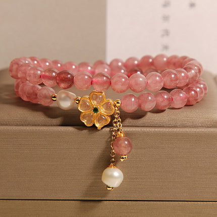 Women’s Double Circle Strawberry Quartz Clover Bracelet