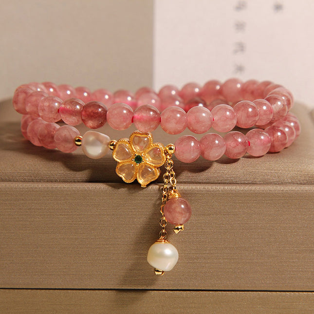 Women’s Double Circle Strawberry Quartz Clover Bracelet
