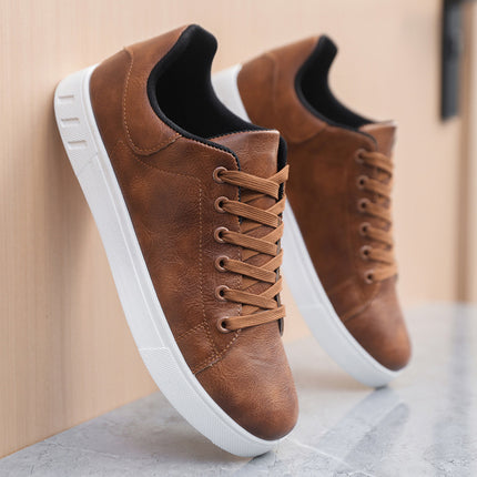 men’s Casual Low-Top Flat Shoes – Solid Color PU Leather Wear-Resistant Sneakers