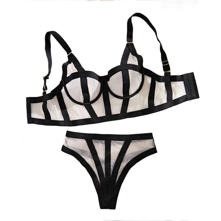 Mesh Splicing Two-Piece Shapewear Set – Sheer Low-Cut Top & Pants Outfit