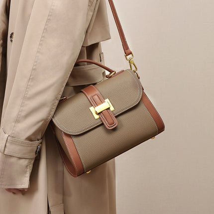 Street Trend Genuine Leather Horizontal Square Handbag with Contrast Color