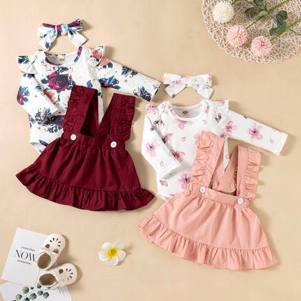 Baby Girl 3-Piece Outfit Set (Hairband + Jumpsuit + Strap Skirt)