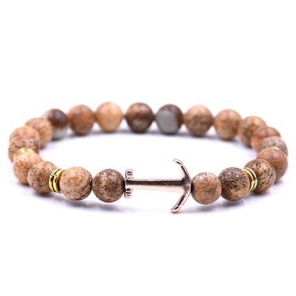 Unisex Natural Stone Boat Anchor Bracelet with Rhinestones