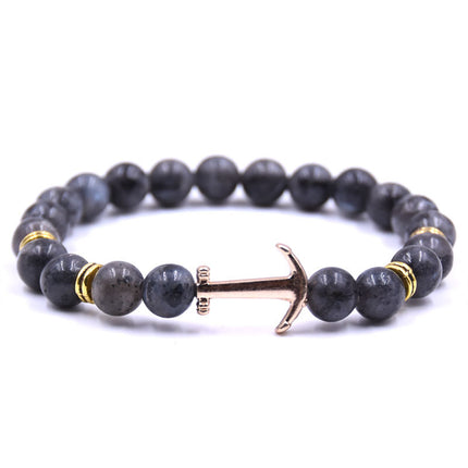 Unisex Natural Stone Boat Anchor Bracelet with Rhinestones