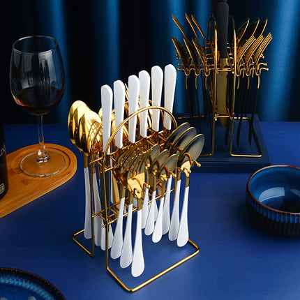Luxury Stainless Steel Dinnerware Set – 24-Piece Cutlery with Storage Rack