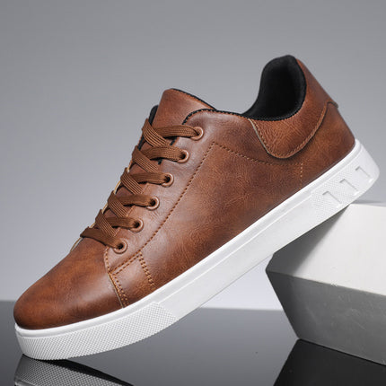 men’s Casual Low-Top Flat Shoes – Solid Color PU Leather Wear-Resistant Sneakers