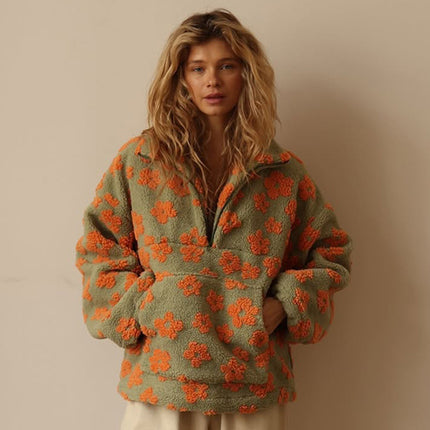 Women’s Floral Street Fashion Pullover Coat – Trendy Long-Sleeve Polyester Jacket