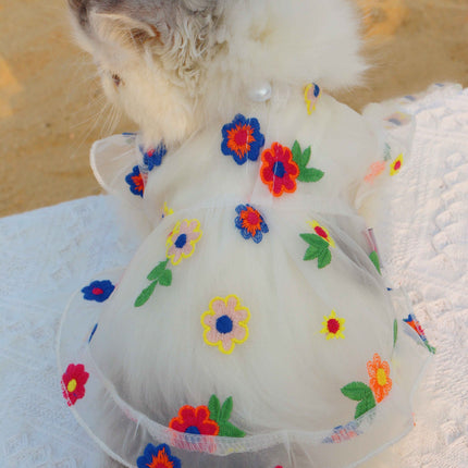 Princess Fairy Flower Embroidery Dress with Hand-Woven Straw Hat for Cats and Dogs