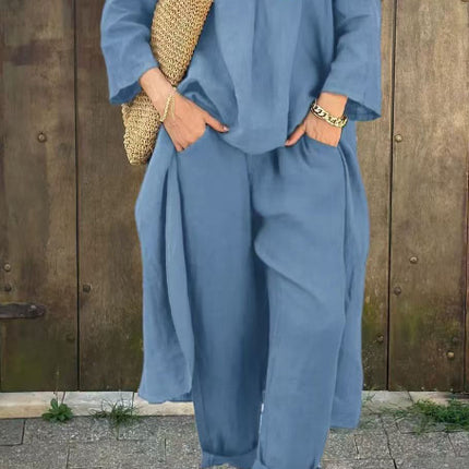 2pcs Women’s Long-Sleeved Suit Set – Loose V-Neck Long Top & High Waist Wide-Leg Pants with Pockets