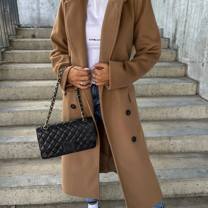 Women’s Long Solid Color Commuter Coat – Elegant Temperament Polyester Overcoat