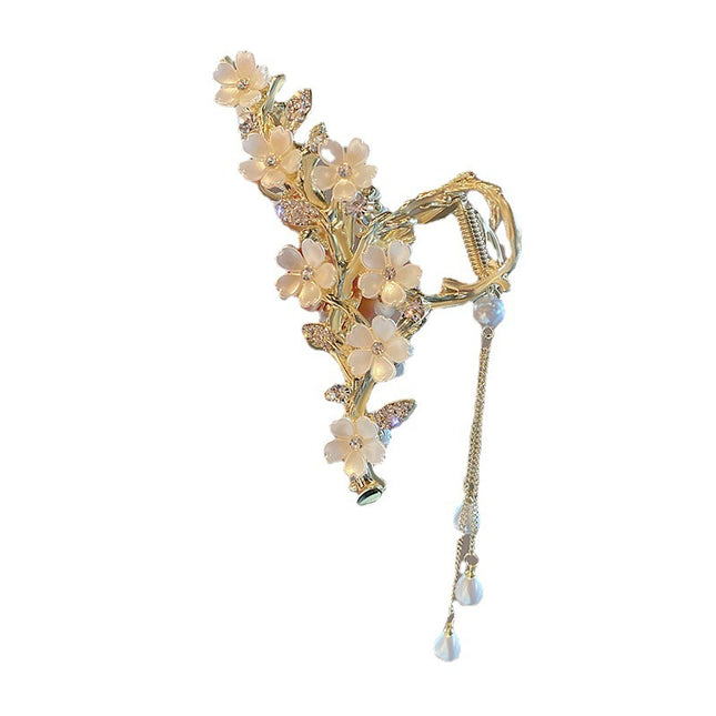 Bell Orchid Tassel Grip Hair Clip with Diamond Inlay