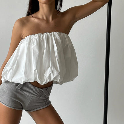 Women's Solid Color Ruched Sling Top – White