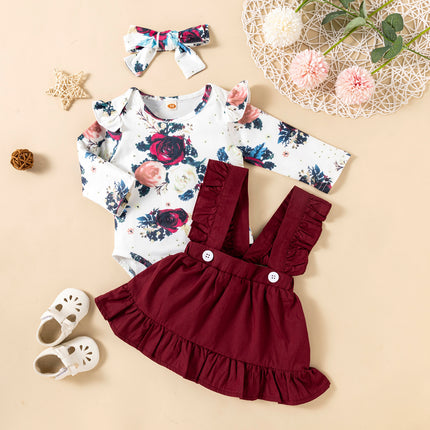 Baby Girl 3-Piece Outfit Set (Hairband + Jumpsuit + Strap Skirt)