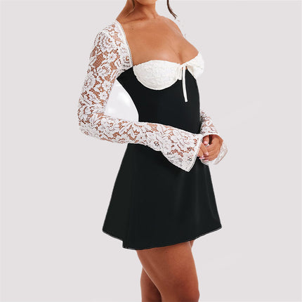 Women’s Elegant Lace Long-Sleeve Short Dress – Temperament Style
