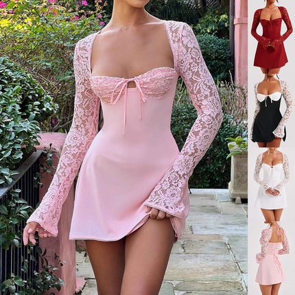 Women’s Elegant Lace Long-Sleeve Short Dress – Temperament Style