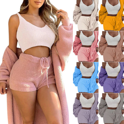 3-Piece Women’s Pajama Set – Long Sleeve Crop Top & Drawstring Shorts