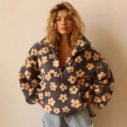 Women’s Floral Street Fashion Pullover Coat – Trendy Long-Sleeve Polyester Jacket